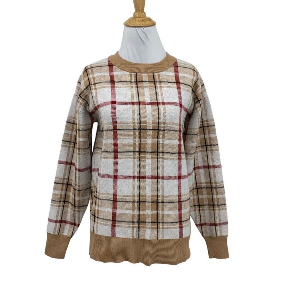 Tahari Sweater Womens S Small Bison Plaid Cuffed Ribbed Long Sleeve Pullover